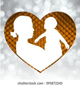 mother and son stylized vector silhouette, outlined sketch of mom and child, orange background, banner or flyer with text Mom for Happy Mothers Day celebration. modern mom. glitter bokeh background