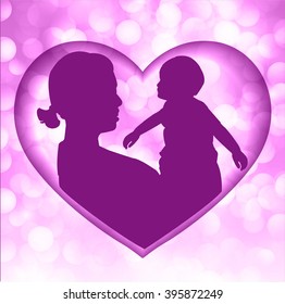 mother and son stylized vector silhouette, outlined sketch of mom and child, purple background, banner or flyer with text Mom for Happy Mothers Day celebration. modern mom. glitter bokeh background