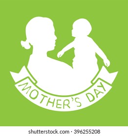 mother and son stylized vector silhouette, outlined sketch of mom and child, green white background, banner or flyer with text Mom for Happy Mothers Day celebration. modern mom.
