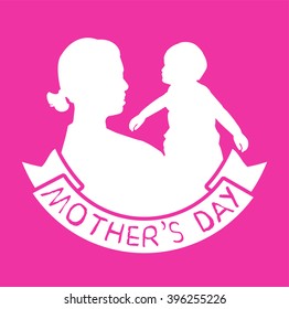 mother and son stylized vector silhouette, outlined sketch of mom and child, pink white background, banner or flyer with text Mom for Happy Mothers Day celebration. modern mom.