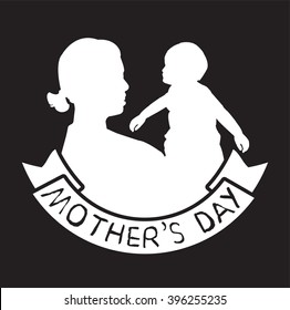 mother and son stylized vector silhouette, outlined sketch of mom and child, black white background, banner or flyer with text Mom for Happy Mothers Day celebration. modern mom.