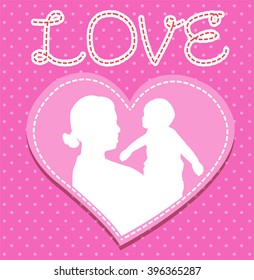mother and son stylized vector silhouette, outlined sketch of mom and child, pink background, banner or flyer with text Mom for Happy Mothers Day celebration. modern mom. glitter bokeh background