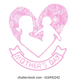mother and son stylized vector silhouette, outlined sketch of mom and child, pink white background, banner or flyer with text Mom for Happy Mothers Day celebration. modern mom.
