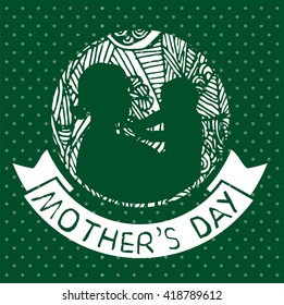 mother and son stylized vector silhouette, outlined sketch of mom and child, green white background, banner or flyer with text Mom for Happy Mothers Day celebration. modern mom.
