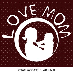 mother and son stylized vector silhouette, outlined sketch of mom and child, brown white background, banner or flyer with text Mom for Happy Mothers Day celebration. modern mom.