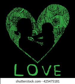 mother and son stylized vector silhouette, outlined sketch of mom and child, black green background, banner or flyer with text Mom for Happy Mothers Day celebration. modern mom.