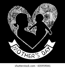 mother and son stylized vector silhouette, outlined sketch of mom and child, black white background, banner or flyer with text Mom for Happy Mothers Day celebration. modern mom.