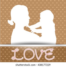 mother and son stylized vector silhouette, outlined sketch of mom and child, brown white background, banner or flyer with text Mom for Happy Mothers Day celebration. modern mom.