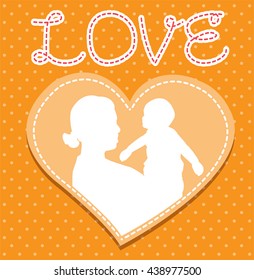 mother and son stylized vector silhouette, outlined sketch of mom and child, orange white background, banner or flyer with text Mom for Happy Mothers Day celebration. modern mom.