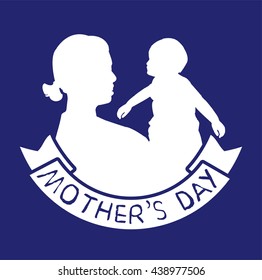 mother and son stylized vector silhouette, outlined sketch of mom and child, blue white background, banner or flyer with text Mom for Happy Mothers Day celebration. modern mom.