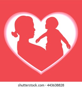 mother and son stylized vector silhouette, outlined sketch of mom and child, red white background, banner or flyer with text Mom for Happy Mothers Day celebration. modern mom.