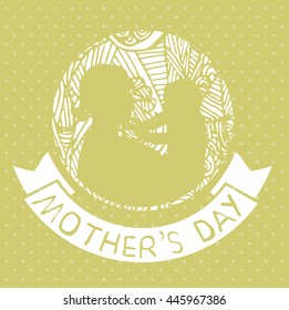 mother and son stylized vector silhouette, outlined sketch of mom and child, green yellow white background, banner or flyer with text Mom for Happy Mothers Day celebration. modern mom.