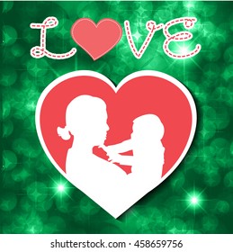 mother and son stylized vector silhouette, outlined sketch of mom and child, green white background, banner or flyer with text Mom for Happy Mothers Day celebration. modern mom.