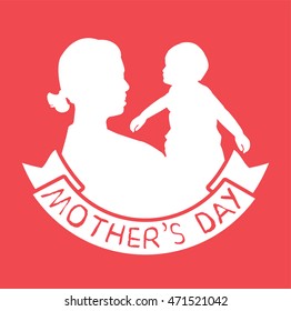 mother and son stylized vector silhouette, outlined sketch of mom and child, red white background, banner or flyer with text Mom for Happy Mothers Day celebration. modern mom.