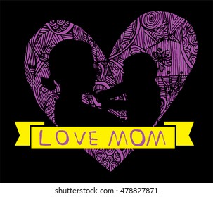 mother and son stylized vector silhouette, outlined sketch of mom and child, black purple background, banner or flyer with text Mom for Happy Mothers Day celebration