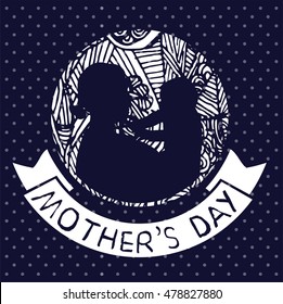 mother and son stylized vector silhouette, outlined sketch of mom and child, dark blue white background, banner or flyer with text Mom for Happy Mothers Day celebration