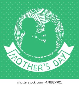 mother and son stylized vector silhouette, outlined sketch of mom and child, green white background, banner or flyer with text Mom for Happy Mothers Day celebration