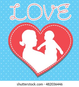 mother and son stylized vector silhouette, outlined sketch of mom and child, red blue background, banner or flyer with text Mom for Happy Mothers Day celebration