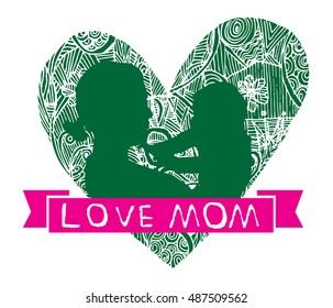 mother and son stylized vector silhouette, outlined sketch of mom and child, green white background, banner or flyer with text Mom for Happy Mothers Day celebration. modern mom.