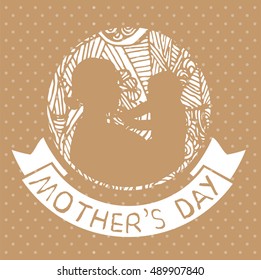 mother and son stylized vector silhouette, outlined sketch of mom and child, brown white background, banner or flyer with text Mom for Happy Mothers Day celebration. modern mom.