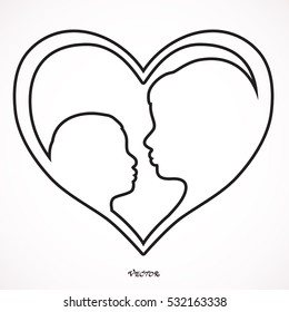 mother and son stylized vector silhouette, outlined sketch of mom and child