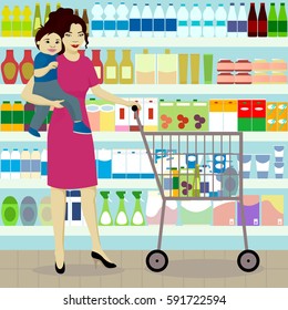 Mother and son in supermarket vector