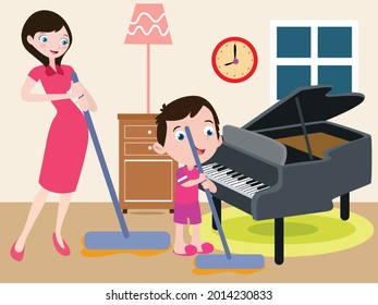 Mother and son sweeping the floor cartoon 2d vector concept for banner, website, illustration, landing page, flyer, etc.