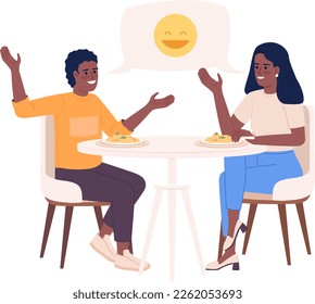 Mother with son talking and joking over meal semi flat color vector characters. Editable figures. Full body people on white. Simple cartoon style illustration for web graphic design and animation