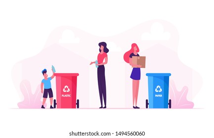 Mother and Son Throw Garbage into Containers with Recycle Sign for Plastic. Woman Use Bin for Collecting Paper Litter. Trash Recycling, Environmental Pollution Problem Cartoon Flat Vector Illustration