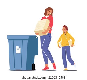 Mother and Son Throw Garbage into Containers with Sign for Recycle Paper. Woman Use Bin for Collecting Litter. Trash Recycle, Environmental Pollution Problem Solution. Cartoon Vector Illustration