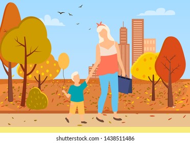 Mother and son toddler walking in city park among orange and yellow trees. Vector autumn scenery, blue sky and tall buildings, boy with balloon outdoors