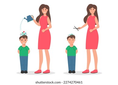 Mutter und Sohn. Zwei Modelle der Kindererziehung. Vektorgrafik auf weißem Hintergrund
