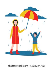 Mother and son with umbrella walking under rain. Female character and child playing in a puddle in the rain. Autumn flat vector concept illustration isolated white background.