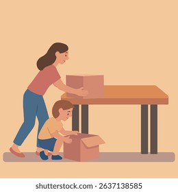 Mother and son unpacking boxes. Vector stock illustration eps10.