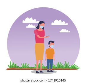 mother and son using face mask for covid19 vector illustration design