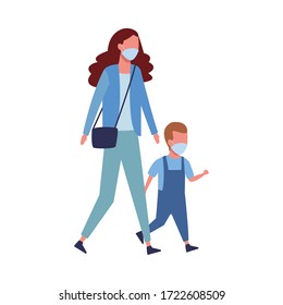 mother and son using face masks characters vector illustration design