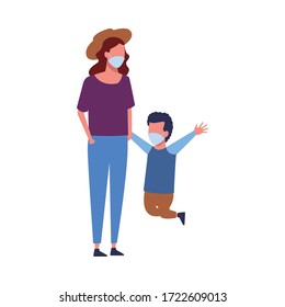 mother and son using face masks characters vector illustration design