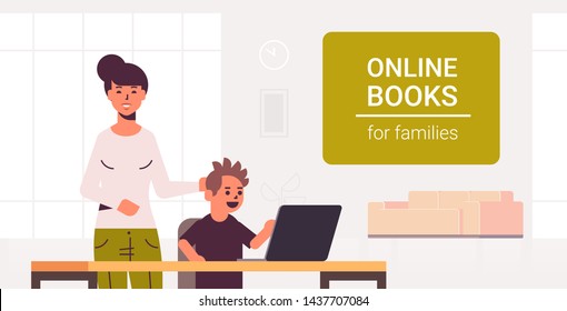 mother and son using laptop reading online books for family e-learning concept woman helping his child to do homework modern living room interior flat portrait horizontal