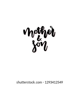 Mother and son vector calligraphic inscription. Happy Mother's Day hand lettering illustration isolated on white background for greeting card, festive poster.
