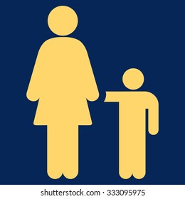 Mother With Son vector icon. Style is flat symbol, yellow color, rounded angles, blue background.