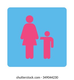 Mother With Son vector icon. Style is flat rounded square button, pink and blue colors, white background.