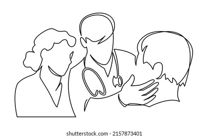 Mother and son visit doctor for regular checkup minimalist continuous line vector illustration