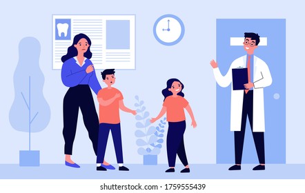 Mother with son visiting dentist. Doctor, tooth, treatment flat vector illustration. Healthcare and stomatology concept for banner, website design or landing web page