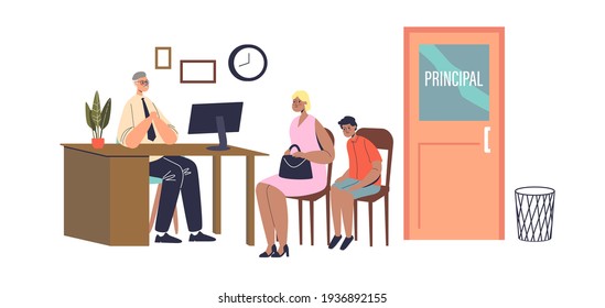 Mother And Son Visiting School Principal Office. Serious Headmaster Talking With Parent Of Bad Pupil. Kids Misbehavior At Class Concept. Cartoon Flat Vector Illustration