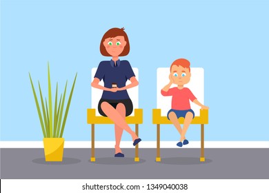 Mother And Son In Waiting Room Vector Illustration. Parent With Child Sitting In Hospital Reception Area. Cartoon Characters In Queue. Pediatrics. Nervous Boy With Swollen Cheek. Kid Having Toothache