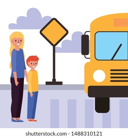 mother and son waiting school bus in the street cartoon. vector illustration