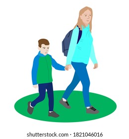 Mother and son walking by the handle. a young woman leading a child by the hand.