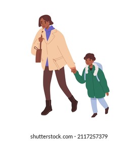 Mother and son walking. Mom holding kid by hand, bringing boy to school. Parent and child going together. Mum and elementary schoolboy. Flat vector illustration isolated on white background