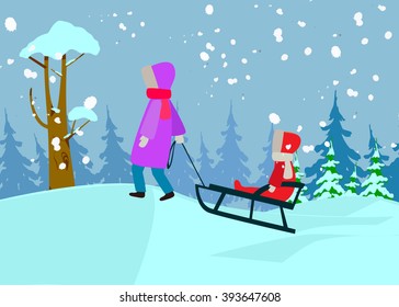 Mother and son walking with sled vector illustration.