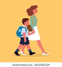 Mãe e filho caminhando juntos - ilustração de vetor plana de uma mulher trabalhadora e menino de escola na rotina matinal